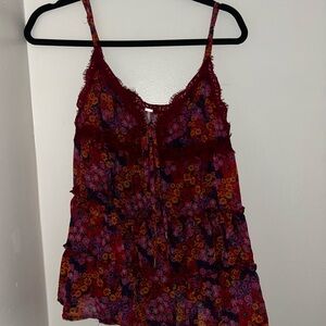 Free People Burgundy Floral Lace-Trim Camisole